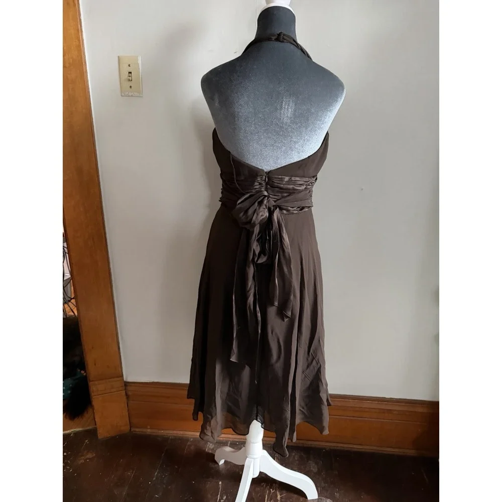 Y2K Silk Chocolate Brown Halter‎ Midi Dress Carry Bradshaw Backless Romantic 8
